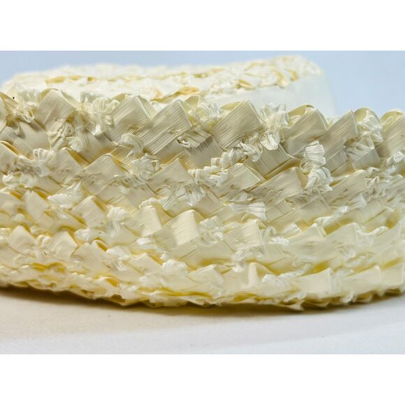 Vintage Nita of Dallas Ivory Pillbox Hat Ribbon Woven Straw - Picture 7 of 8